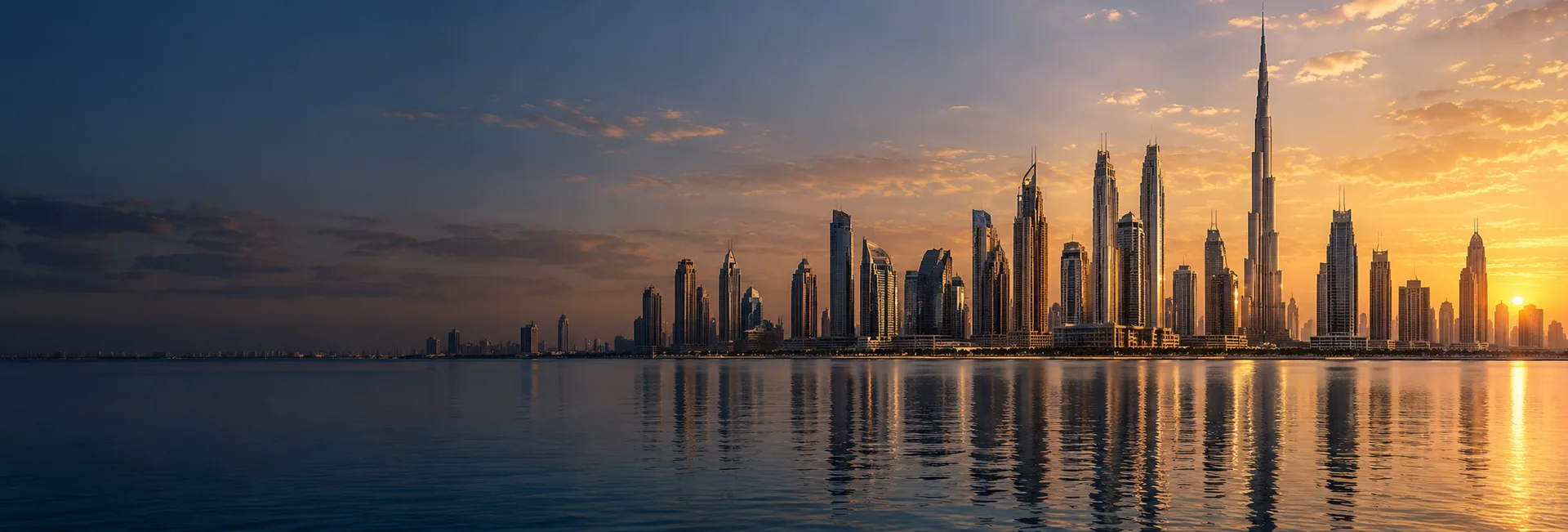 Panoramic view of Dubai's skyline across the water at sunset