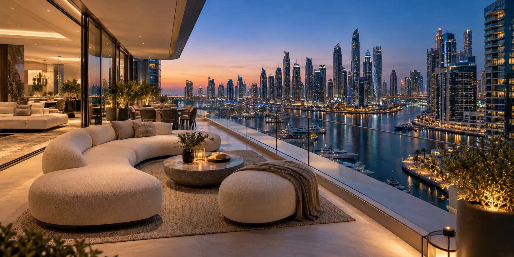 Penthouse terrace overlooking a Dubai marina at blue hour